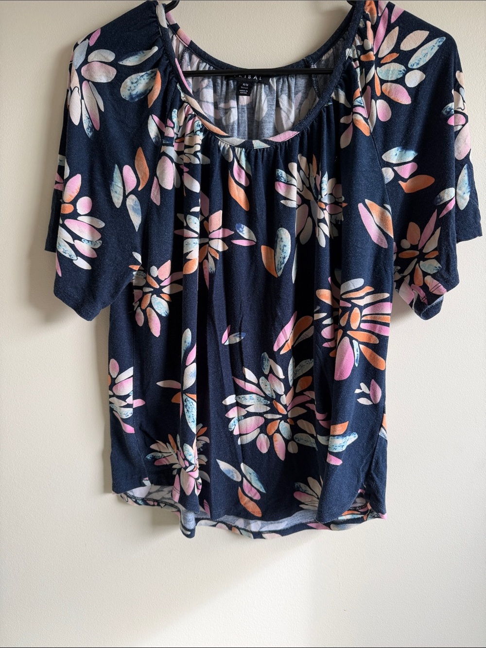 Tribal Navy Floral Scoop-Neck Top with Pink & Peach Accents